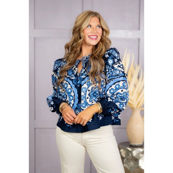 &merci Tops - &Merci Boho Medallion Peasant Blouse Size L Tie Neck Blue Boutique
